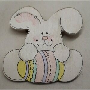 Fun wooden EASTER BUNNY rabbit w/ decorated egg brooch pin